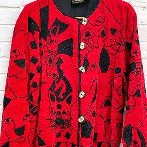 Vintage Embroidered Black Cat Velour Red Jacket. XL